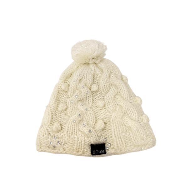 CHAOS Cream Beaded One Size Chunky Knit Beanie Hat - Picture 1 of 8